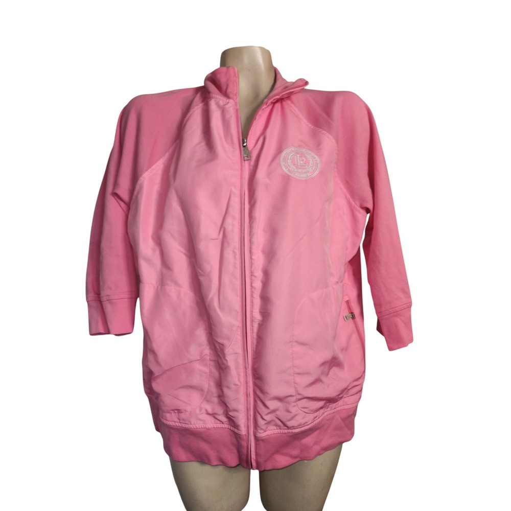 Lauren Ralph Lauren Active Pink Zip Up Track Jacket 3/4 Sleeve Crest 1X